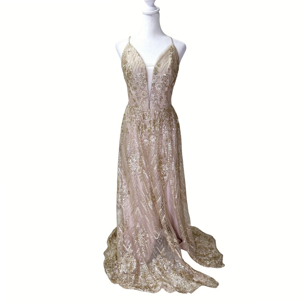 Galina Signature Gown Womens 8 Gold Pink Sequin Floral Prom Wedding Formal Dress